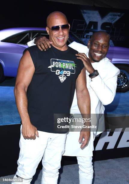 Vin Diesel, Tyrese Gibson arrives at the Trailer Launch Of Universal Pictures' "Fast X" at Regal LA Live on February 09, 2023 in Los Angeles,...