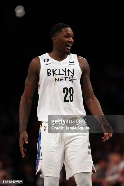 Dorian Finney-Smith of the Brooklyn Nets reacts during the game against the Chicago Bulls at Barclays Center on February 09, 2023 in New York City.