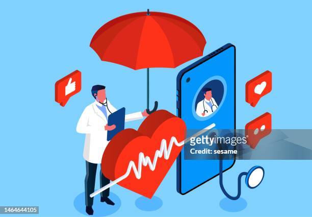 health insurance, medical diagnosis and services, medical protection, patient safety and disease care, medical services and feedback, isometric doctors with umbrellas standing next to ekgs, smartphones and stethoscopes - emergencies and disasters stock illustrations stock illustrations