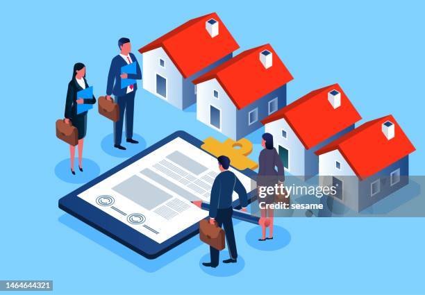 stockillustraties, clipart, cartoons en iconen met real estate buying and selling with agents, real estate industry, real estate taxation, home loans or mortgages, buying a house with contract signing, isometric businessmen standing by the house and signing documents - mortgage