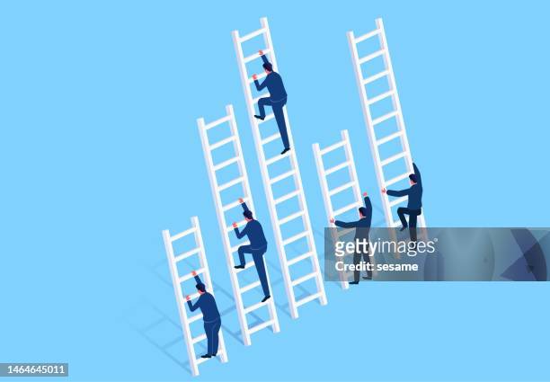 isometric group of businessmen competing to climb the ladder and reach the goal, competitive motives and goals, ladder of success, stages of different motives and different goals - social inequality 幅插畫檔、美工圖案、卡通及圖標