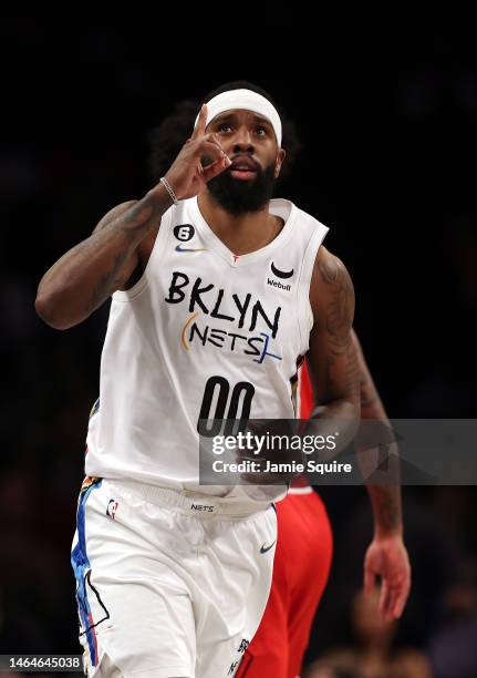 Royce O'Neale of the Brooklyn Nets reacts after making a three-pointer during the game against the Chicago Bulls at Barclays Center on February 09,...