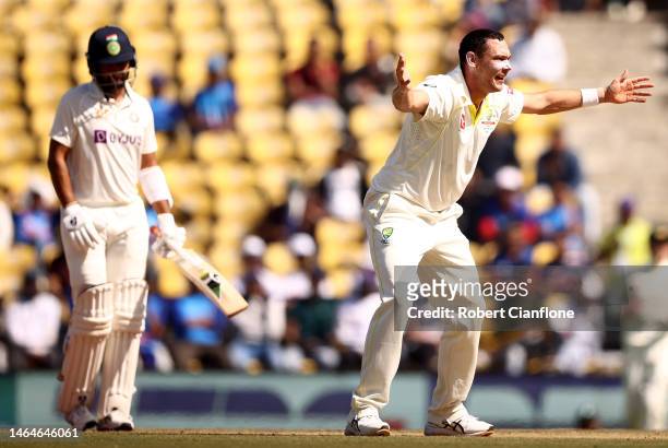 Scott Boland of Australia appeals unsuccessfully for the wicket of Cheteshwar Pujara of India during day two of the First Test match in the series...