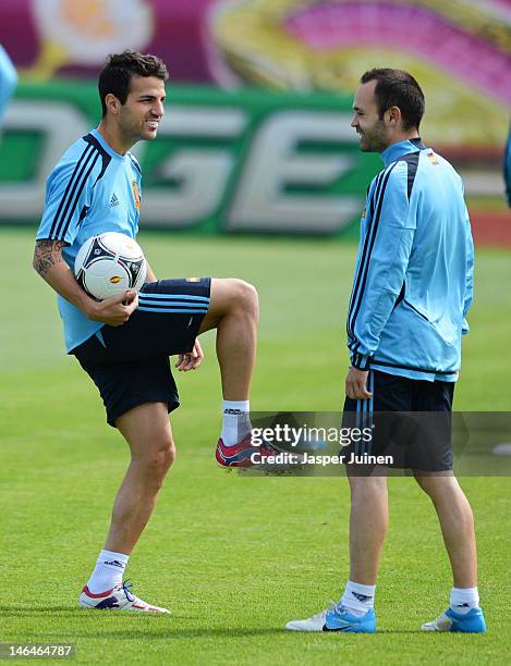 Cesc Fabregas of Spain stands with his teammate Andres Iniesta during a training session ahead of their UEFA EURO 2012 group C match against Croatia...