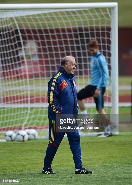 Head coach Vicente del Bosque looks on during a training session ahead of their UEFA EURO 2012 group C match against Croatia on June 17, 2012 in...