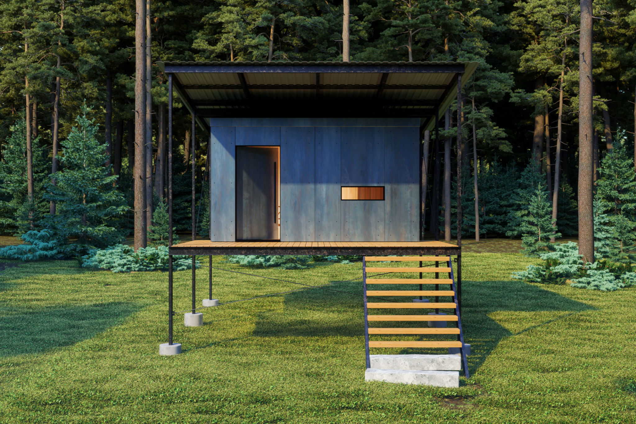 Front View Of Modern Tiny House Exterior In Woodland Front View Of Modern Tiny House Exterior In Woodland