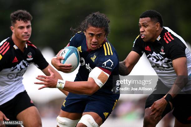 Marino Mikaele-Tu'u of the Highlanders charges forward during the Super Rugby trial match for the 2023 Farmlands Cup between the Crusaders and the...