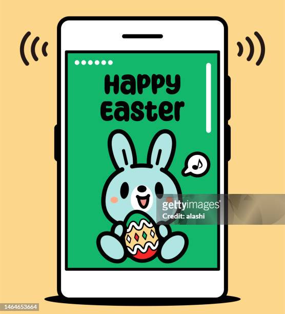 happy easter! a cute easter bunny carrying an easter egg on a smartphone wishing you the hope and beauty of springtime and the promise of brighter days - bunny eggs stock illustrations