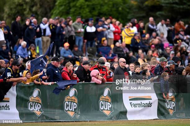 Fans watch on during the Super Rugby trial match for the 2023 Farmlands Cup between the Crusaders and the Highlanders at Valley Rugby Club on...