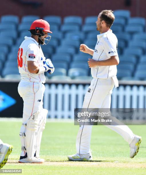 Charlie Stobo of Western Australia celebrates the wicket of Jake Lehmann of the Redbacks during the Sheffield Shield match between South Australia...