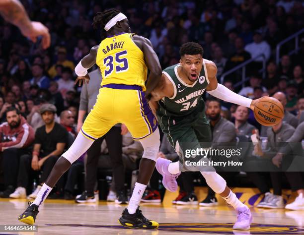 Giannis Antetokounmpo of the Milwaukee Bucks drives past Wenyen Gabriel of the Los Angeles Lakers during a 115-106 Bucks win at Crypto.com Arena on...