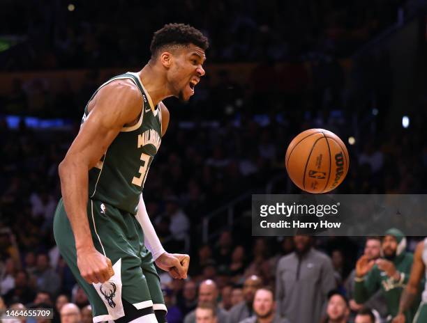 Giannis Antetokounmpo of the Milwaukee Bucks reacts after his dunk during a 115-106 Bucks win over the Los Angeles Lakers at Crypto.com Arena on...