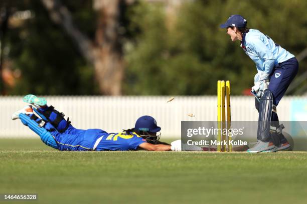 Jannatal Sumona of the ACT Meteors is run out by Tahlia Wilson of the Breakers to win the match during the WNCL match between New South Wales and ACT...