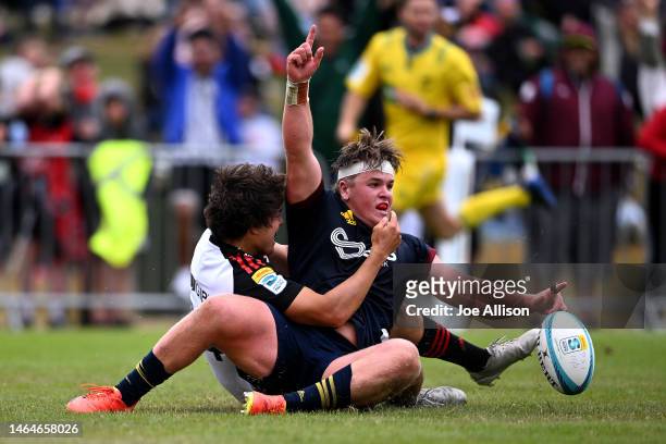 Jack Taylor of the Highlanders celebrates after scoring the match winning try during the Super Rugby trial match for the 2023 Farmlands Cup between...