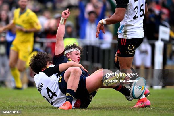 Jack Taylor of the Highlanders celebrates after scoring the match winning try during the Super Rugby trial match for the 2023 Farmlands Cup between...