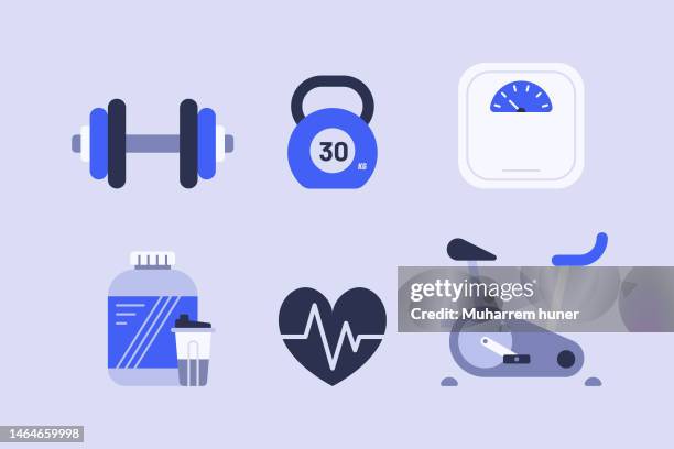 sport, fitness and exercise gray and blue vector icons - exercise equipment vector stock illustrations