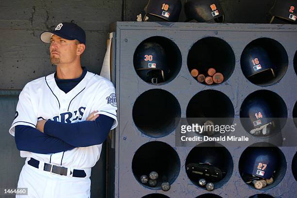 Pitcher Trevor Hoffman of the San Diego Padres leans on the dugout bat rack during the MLB game against the Arizona Diamondbacks on September 19,...