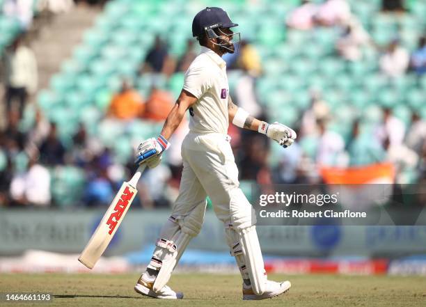 Virat Kohli of India walks off after he was dismissed by Todd Murphy of Australia during day two of the First Test match in the series between India...