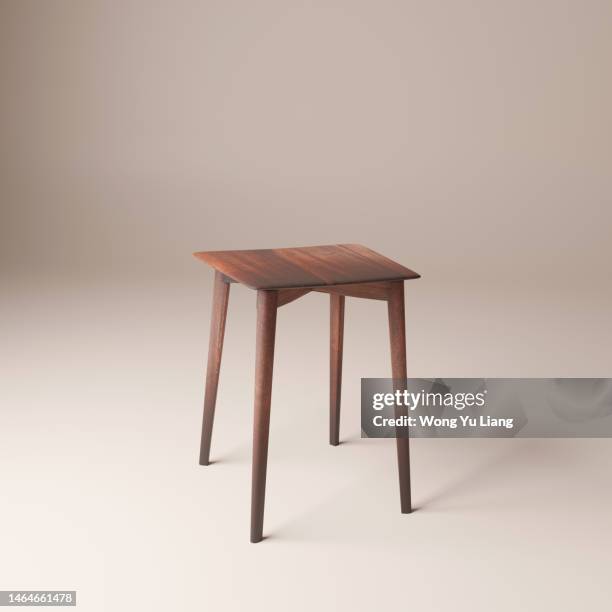 brown wooden stool chair , with plenty of copyspace for minimalist design, 3d render - taburete fotografías e imágenes de stock