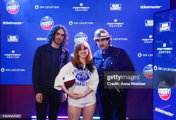 Taylor York, Hayley Williams and Zac Farro of Paramore attend Bud Light Super Bowl Music Festival at Footprint Center on February 09, 2023 in...