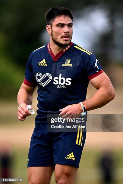 Josh Timu of the Highlanders looks on during the Super Rugby trial match for the 2023 Farmlands Cup between the Crusaders and the Highlanders at...