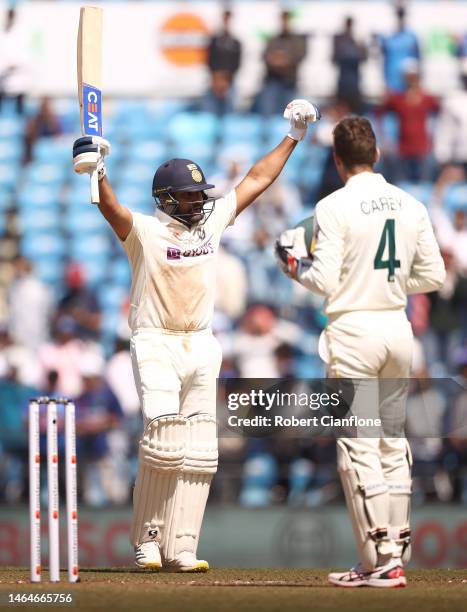 Rohit Sharma of India celebrates after scoring his century during day two of the First Test match in the series between India and Australia at...