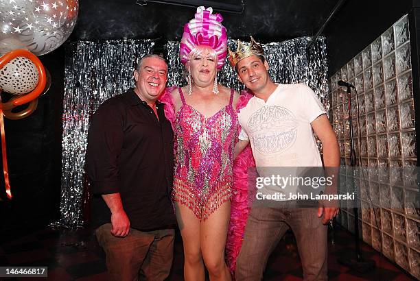 Elvis Duran, Tiffany Wells and Alex Carr attend Alex Carr's birthday celebration at The Stonewall Inn on June 16, 2012 in New York City.