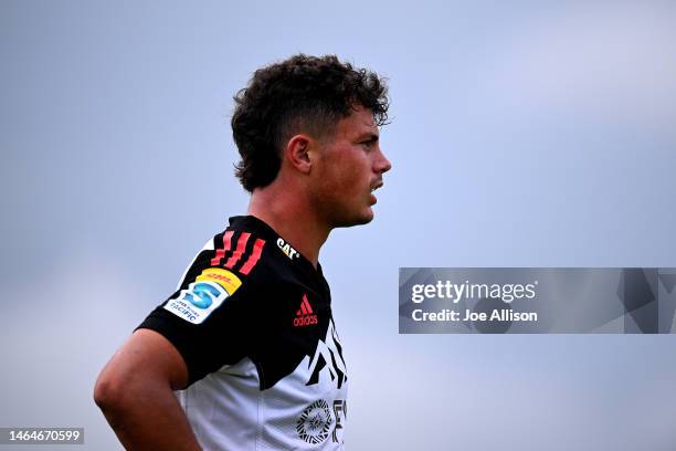 Macca Springer of the Crusaders looks on during the Super Rugby trial match for the 2023 Farmlands Cup between the Crusaders and the Highlanders at...