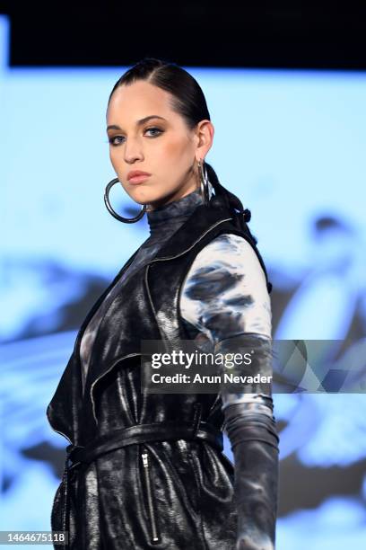 Model walks the runway wearing Mister Triple X at The Angel Orensanz Foundation on February 09, 2023 in New York City.