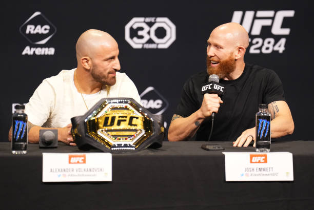 Josh Emmett and Alexander Volkanovski of Australia are seen on stage during the UFC 284 press conference at RAC Arena on February 10, 2023 in Perth,...
