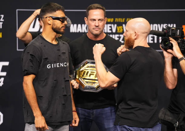 Opponents Yair Rodriguez of Mexico and Josh Emmett face off during the UFC 284 press conference at RAC Arena on February 10, 2023 in Perth, Australia.
