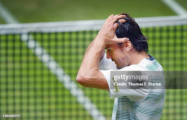 Tommy Haas of Germany reacts after his victory in the final match against Roger Federer of Switzerland during day seven of the Gerry Weber Open at...