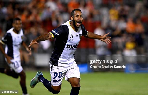 Marco Túlio of the Mariners celebrates after scoring a goal during the round 16 A-League Men's match between Brisbane Roar and Central Coast Mariners...