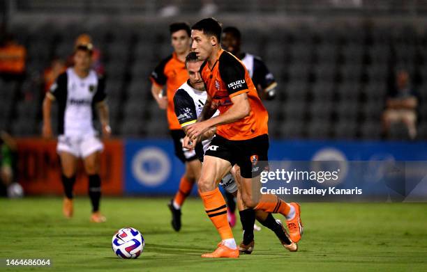 Scott Neville of the Roar in action during the round 16 A-League Men's match between Brisbane Roar and Central Coast Mariners at Moreton Daily...