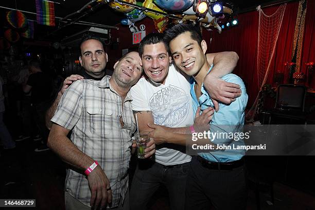 Stephen Battista, Alex Carr and Marc Vallitutto attends Alex Carr's birthday celebration at The Stonewall Inn on June 16, 2012 in New York City.