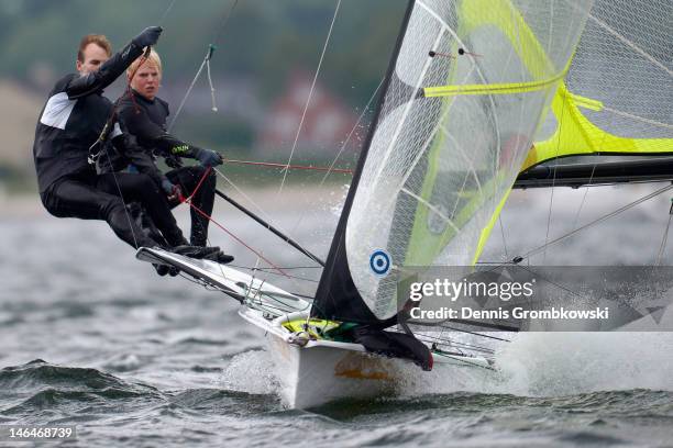 Jan-Hauke Erichsen and Max Lutz of Germany compete in the Men's 49er race during day two of the Kieler Woche ISAF Sailing World Cup event at...