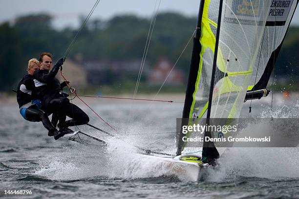 Jan-Hauke Erichsen and Max Lutz of Germany compete in the Men's 49er race during day two of the Kieler Woche ISAF Sailing World Cup event at...