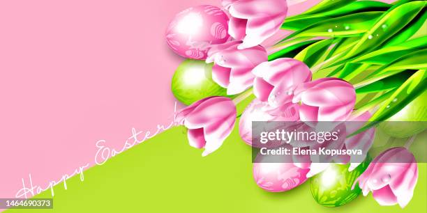 delicately pink tulips with painted easter eggs on an multicolored background. creative illustration in cartoon style. - easter egg painted stock illustrations