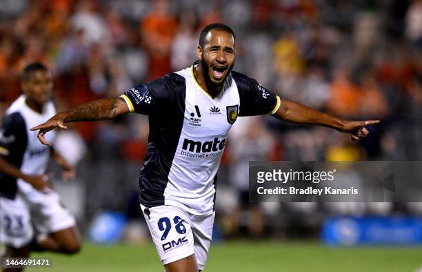 Marco Túlio of the Mariners celebrates after scoring a goal during the round 16 A-League Men's match between Brisbane Roar and Central Coast Mariners...
