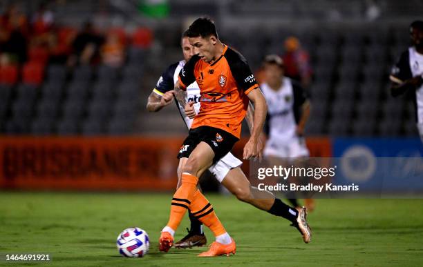 Scott Neville of the Roar in action during the round 16 A-League Men's match between Brisbane Roar and Central Coast Mariners at Moreton Daily...