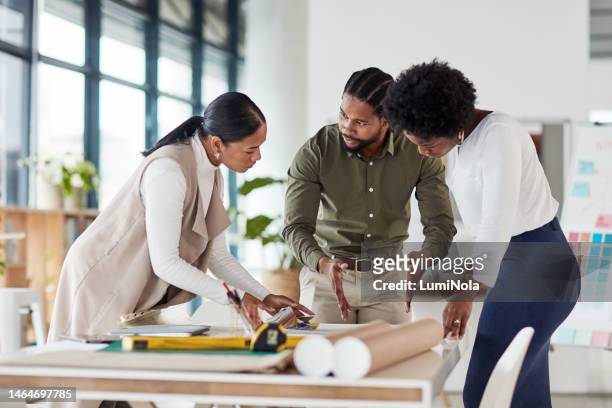 collaboration, architecture or meeting with a business team in their office working on a design for building. architect, engineer and designer with a man and woman employee group at work on strategy - represented stock pictures, royalty-free photos & images