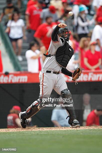 Ronny Paulino of the Baltimore Orioles throws down to second during the game against the Los Angeles Angels of Anaheim on April 22, 2012 at Angel...