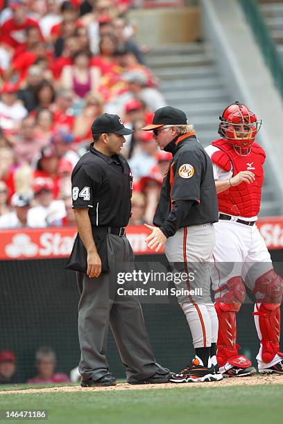 Buck Showalter manager of the Baltimore Orioles argues with home plate umpire Angel Campos during the game against the Los Angeles Angels of Anaheim...