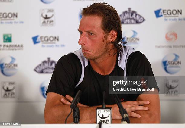 David Nalbandian of Argentina speaks at a press conference after being disqualified for unsportsmanlike conduct during his mens singles final round...