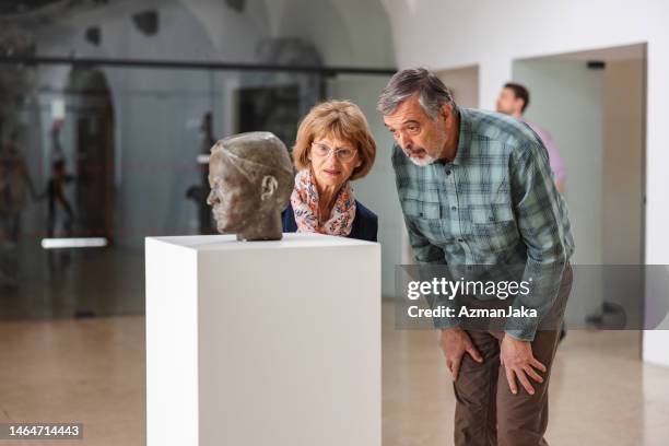 älteres kaukasisches ehepaar, das einen ausbruch in einem museum bewundert - museum besucher stock-fotos und bilder