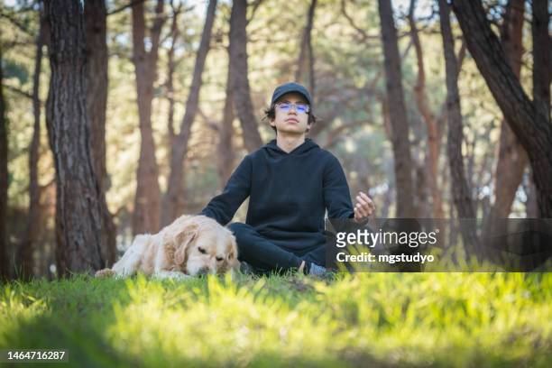 kleiner junge und sein hund verbringen zeit im wald und meditieren - chantiers stock-fotos und bilder