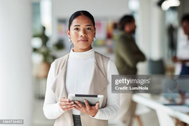 creative woman, tablet and portrait of confident manager, leader or designer at corporate workshop. female employee in leadership or management looking in confidence with touchscreen for startup - office confidence stock pictures, royalty-free photos & images