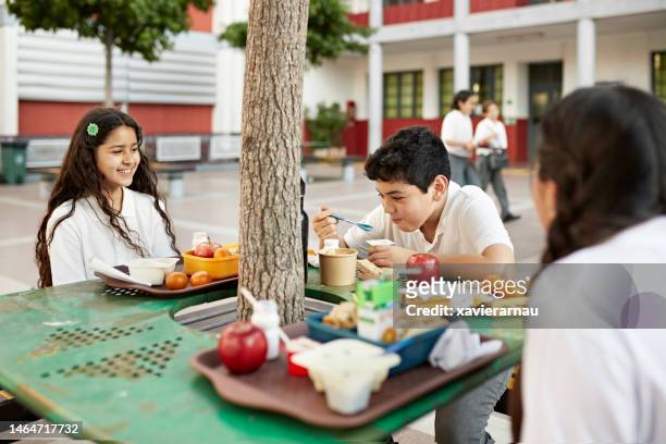 School children enjoying snack time outdoors