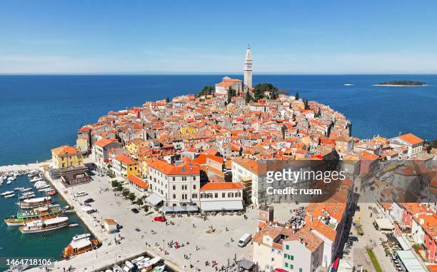 aerial view of harbor and old town rovinj. istria, croatia. - rovinj stock pictures, royalty-free photos & images