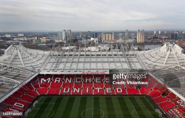 General view of Old Trafford football ground with Media City/ Salford Quays in the background ahead of the Premier League match between Manchester...